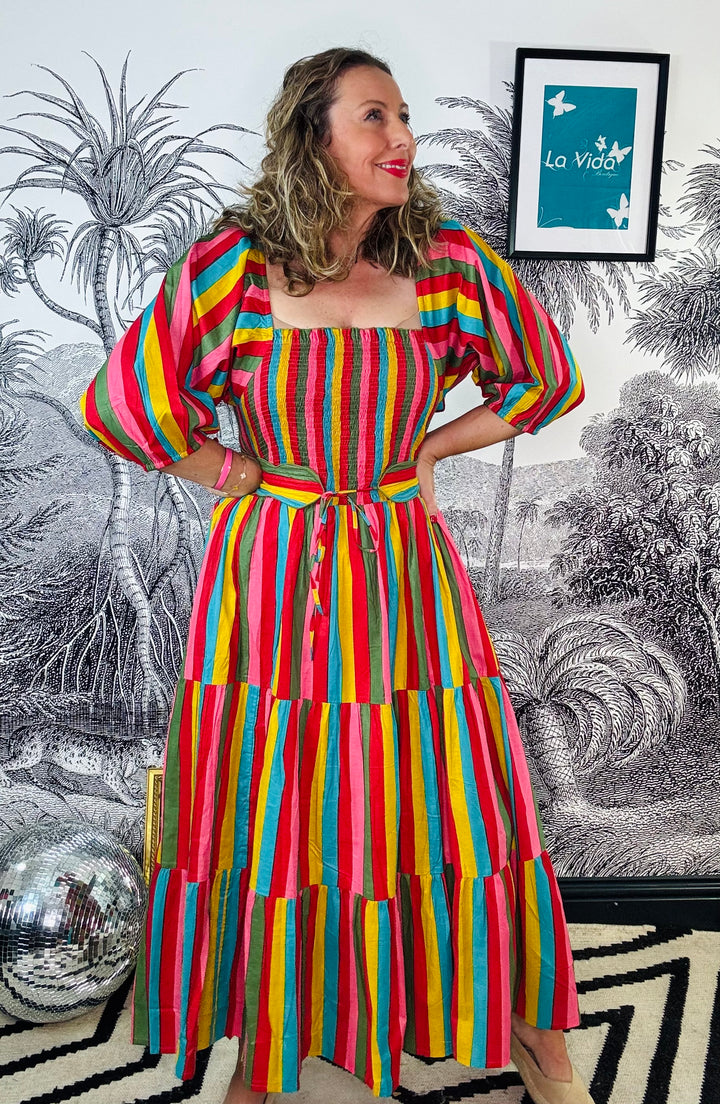 Honour Shirred Midi Dress in Carnivale Stripe