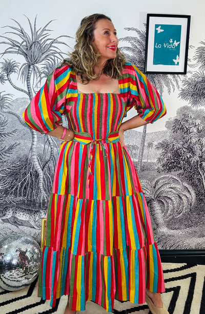 Honour Shirred Midi Dress in Carnivale Stripe