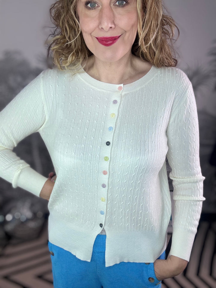 Fine Knit Cable Knit Cardigan with Multi Buttons in Off White