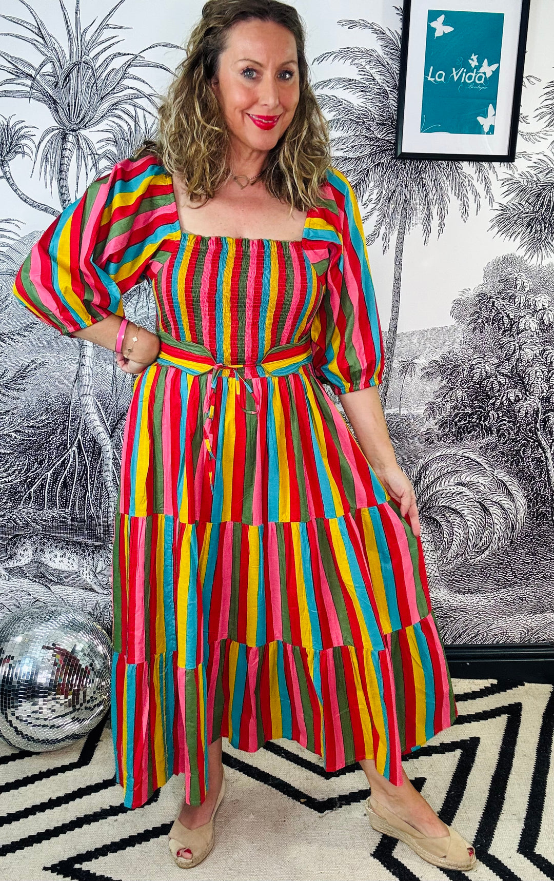 Honour Shirred Midi Dress in Carnivale Stripe