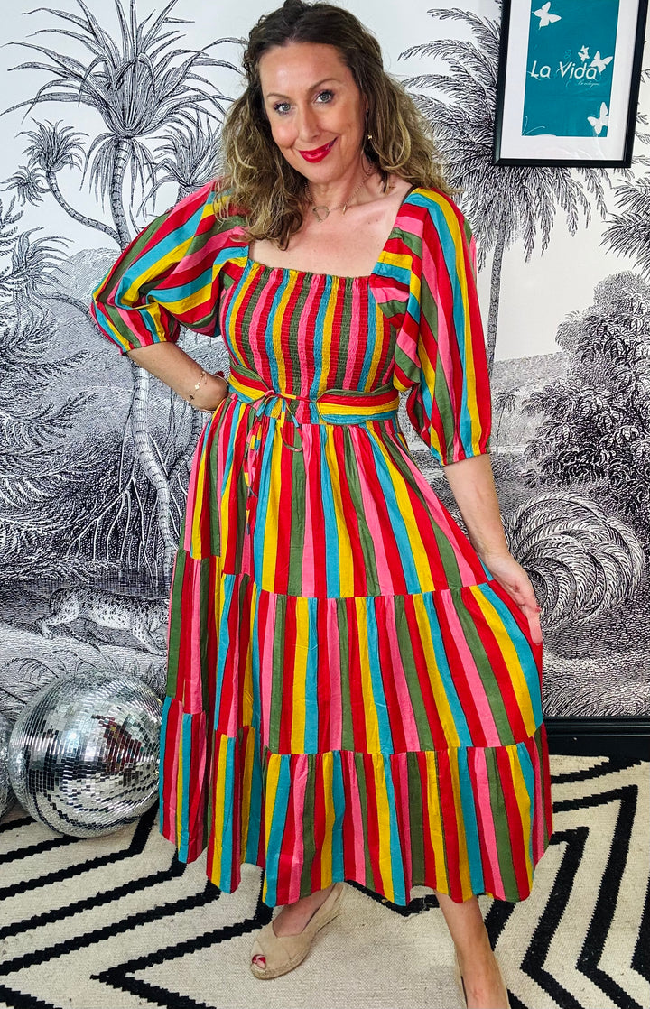 Honour Shirred Midi Dress in Carnivale Stripe