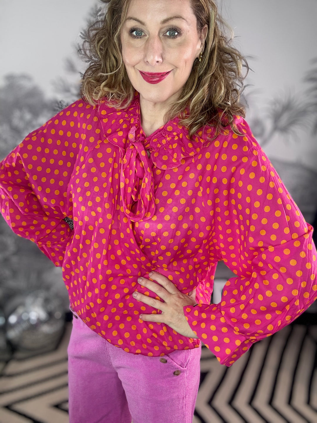 Camilla Ruffle Tie Neck Polka Dot Cotton Blouse