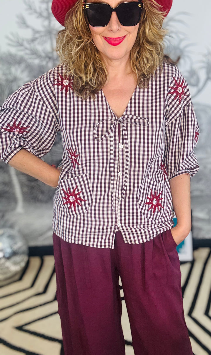 Lore Gingham &amp; Sequin Embroidery Blouse Jacket