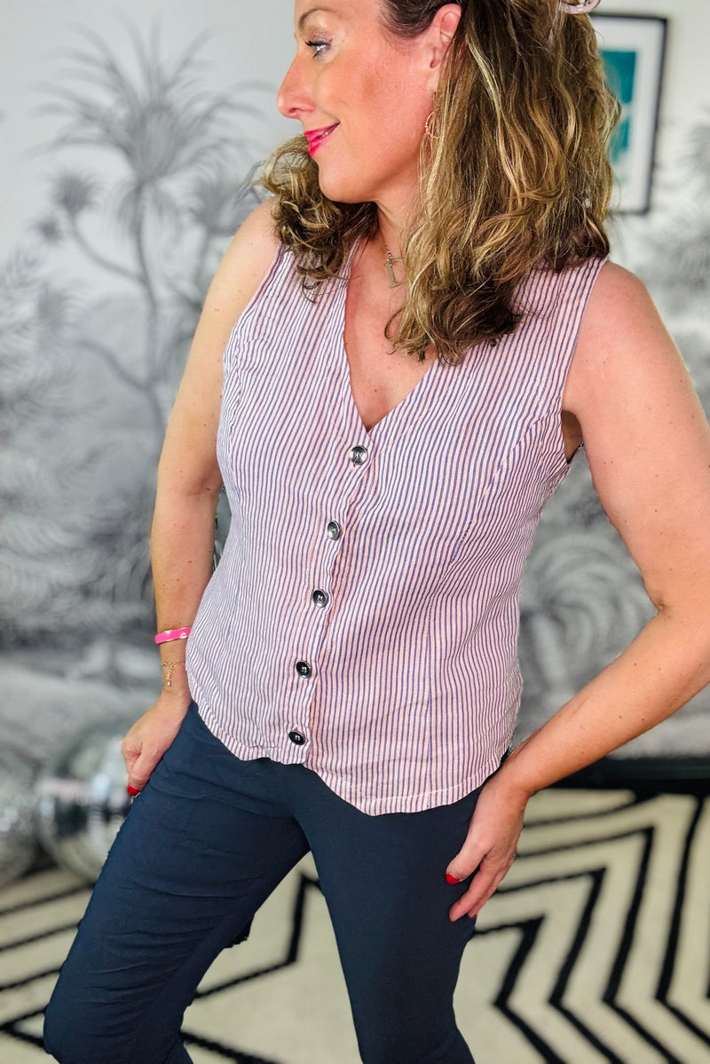 Melina Striped Linen Waistcoat in Calypso Rose