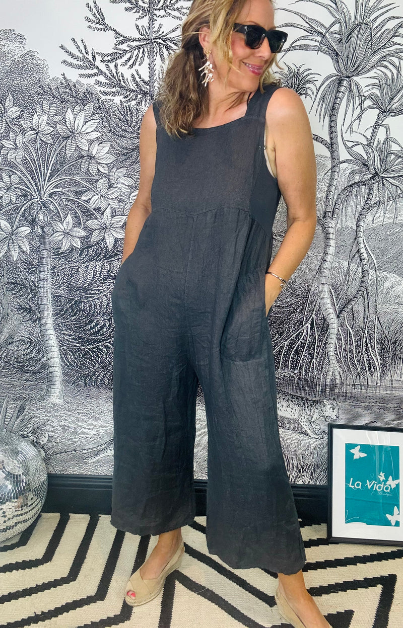 Raya Linen Dungarees with Ribbed Panel