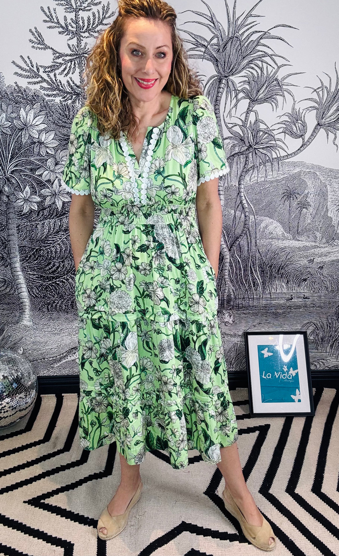 The Sylvie Lace Trim V-Neck Tiered Skirt Tea Dress