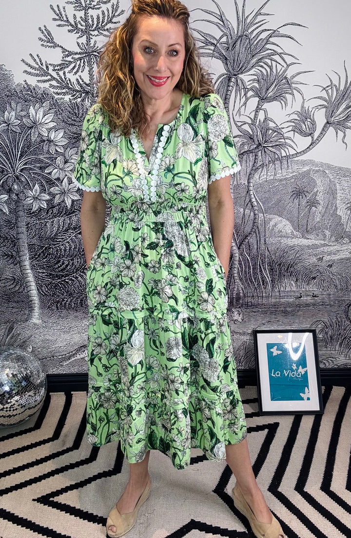 The Sylvie Lace Trim V-Neck Tiered Skirt Tea Dress