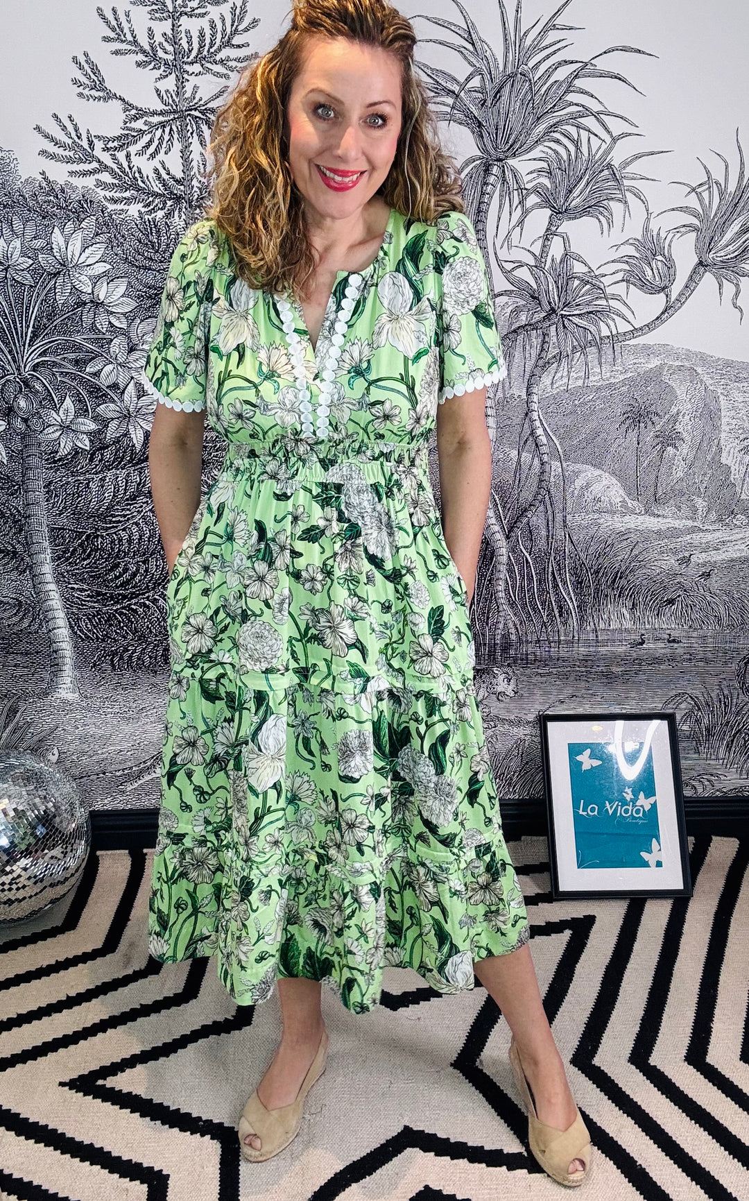 The Sylvie Lace Trim V-Neck Tiered Skirt Tea Dress