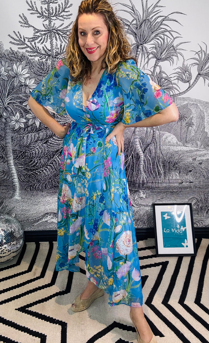 The Alyssa Flutter Sleeve Maxi Wrap Dress with Tie Waist
