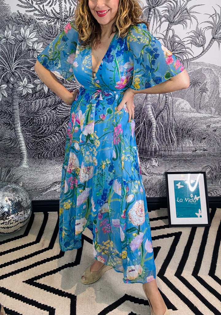 The Alyssa Flutter Sleeve Maxi Wrap Dress with Tie Waist