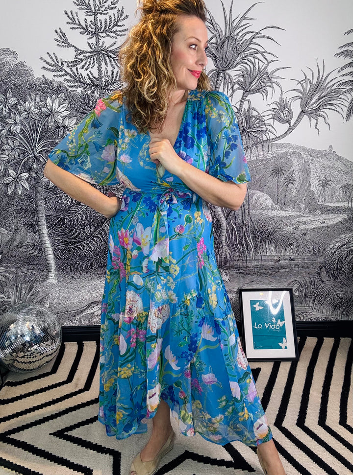 The Alyssa Flutter Sleeve Maxi Wrap Dress with Tie Waist