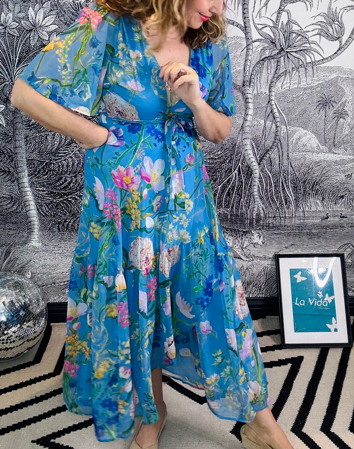 The Alyssa Flutter Sleeve Maxi Wrap Dress with Tie Waist