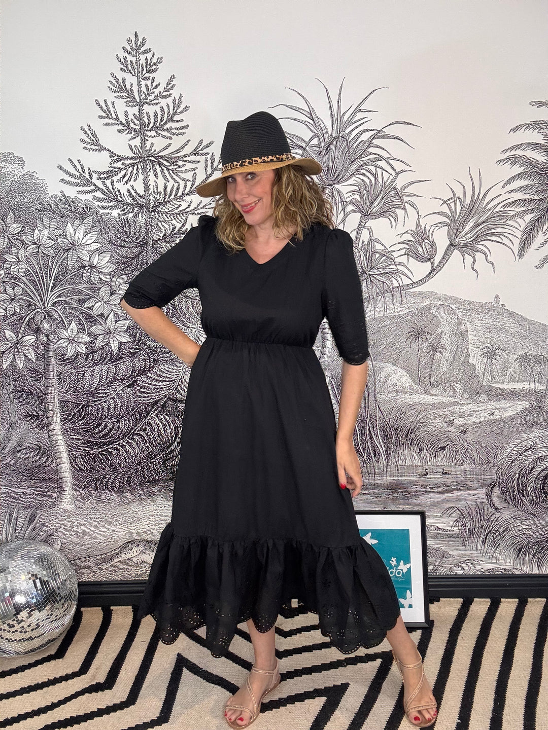 Anais Cotton Fit &amp; Flare Midaxi Dress in Black