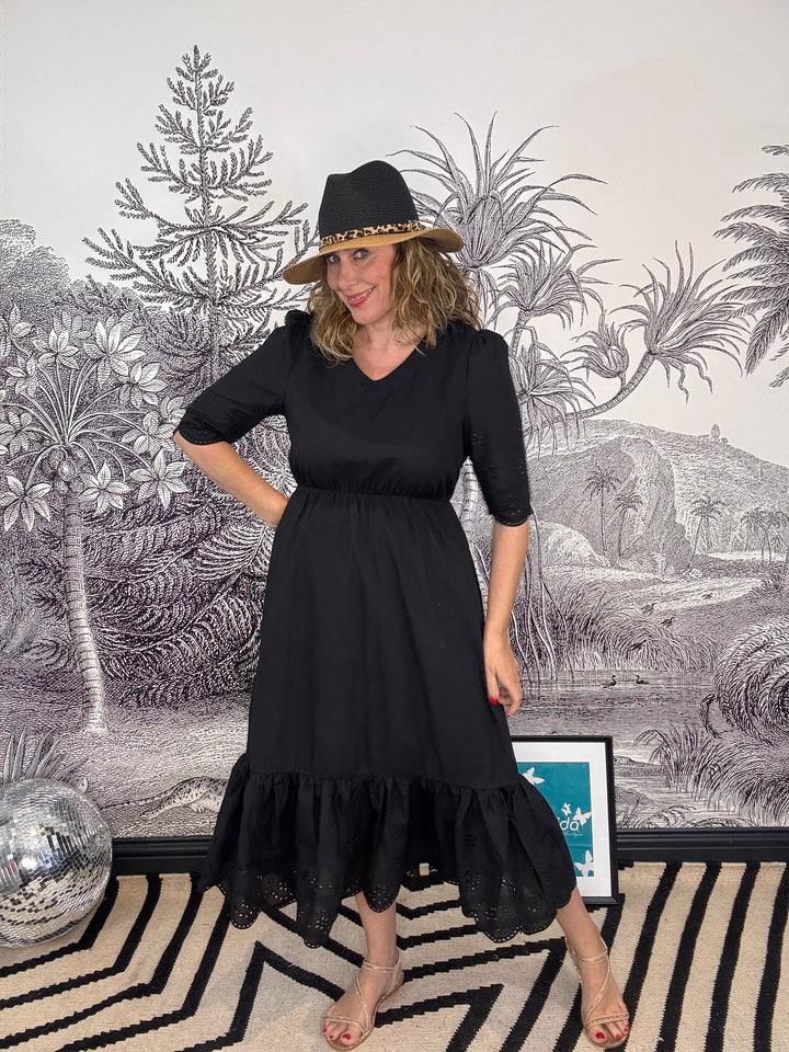Anais Cotton Fit &amp; Flare Midaxi Dress in Black