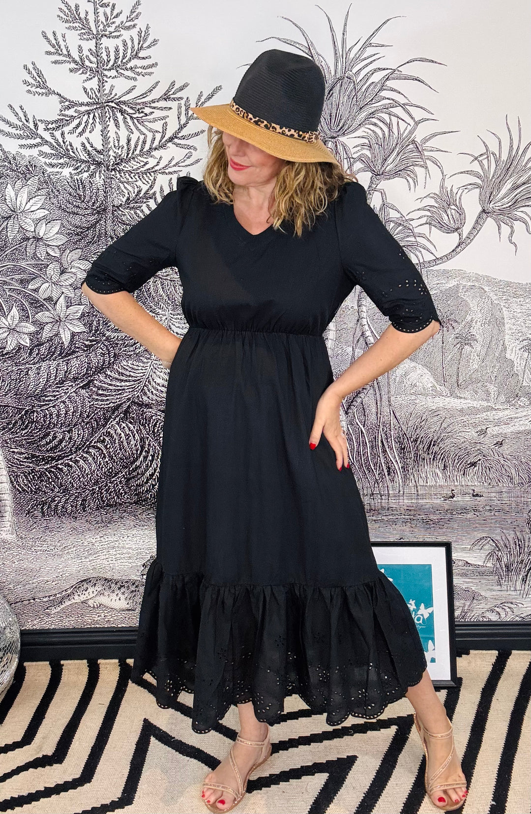 Anais Cotton Fit &amp; Flare Midaxi Dress in Black