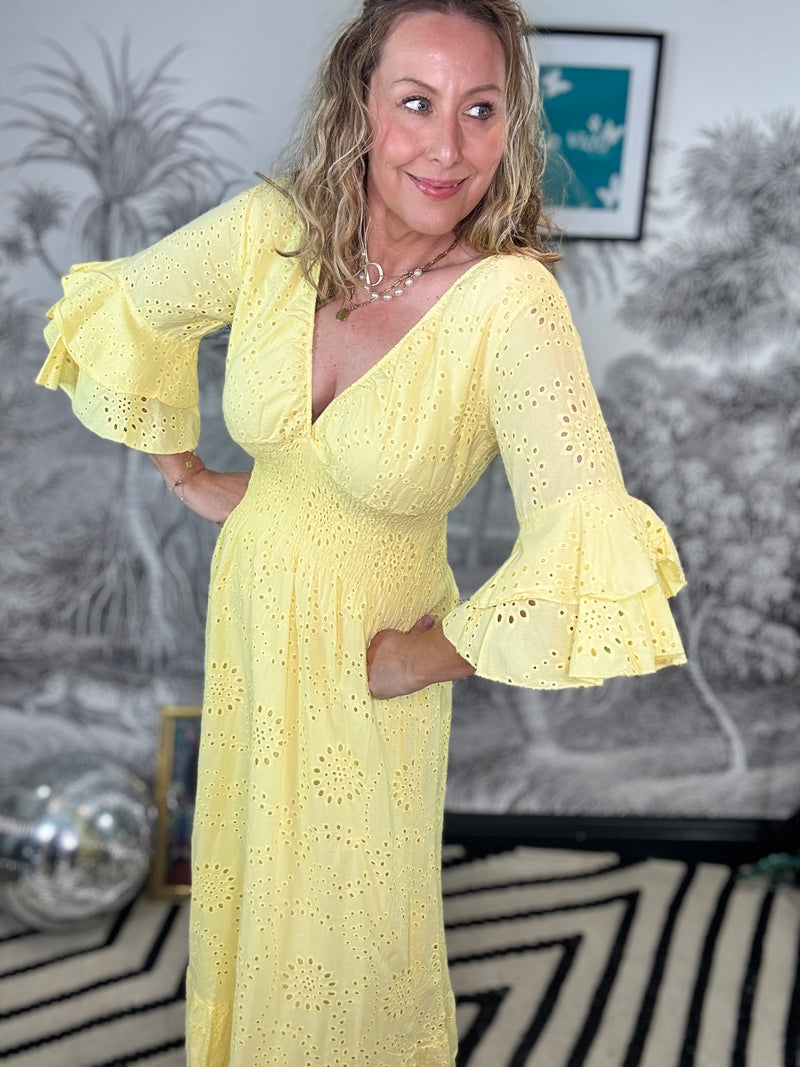 Tracey Broderie Frill Sleeve Maxi Dress in Lemon Yellow