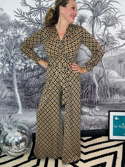 Sharon Wide Leg Jumpsuit in Brown Geo