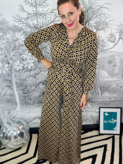 Sharon Wide Leg Jumpsuit in Brown Geo