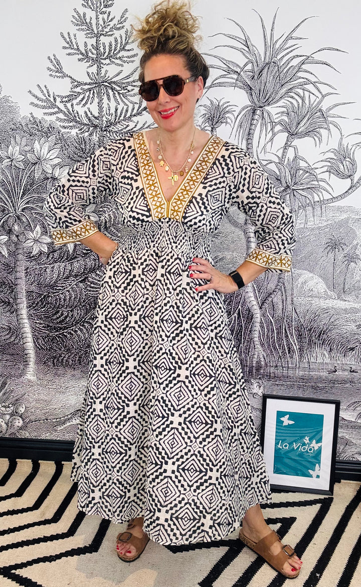 Malaga V Neck Printed Cotton Dress