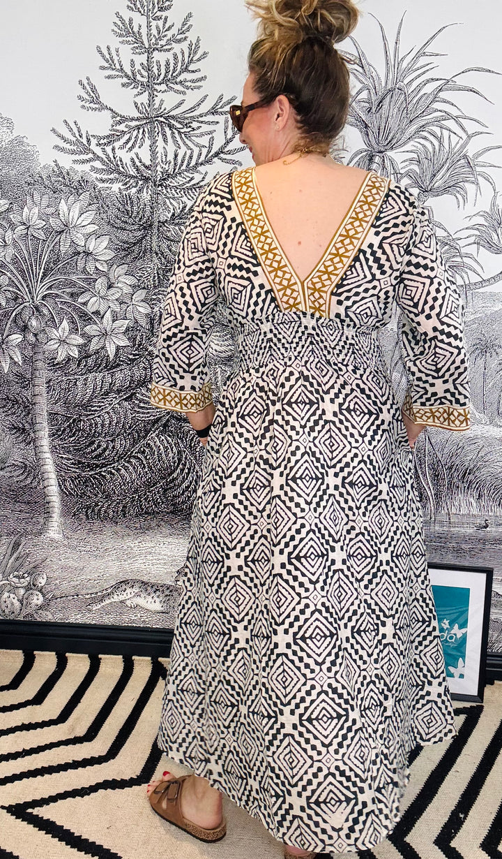 Malaga V Neck Printed Cotton Dress