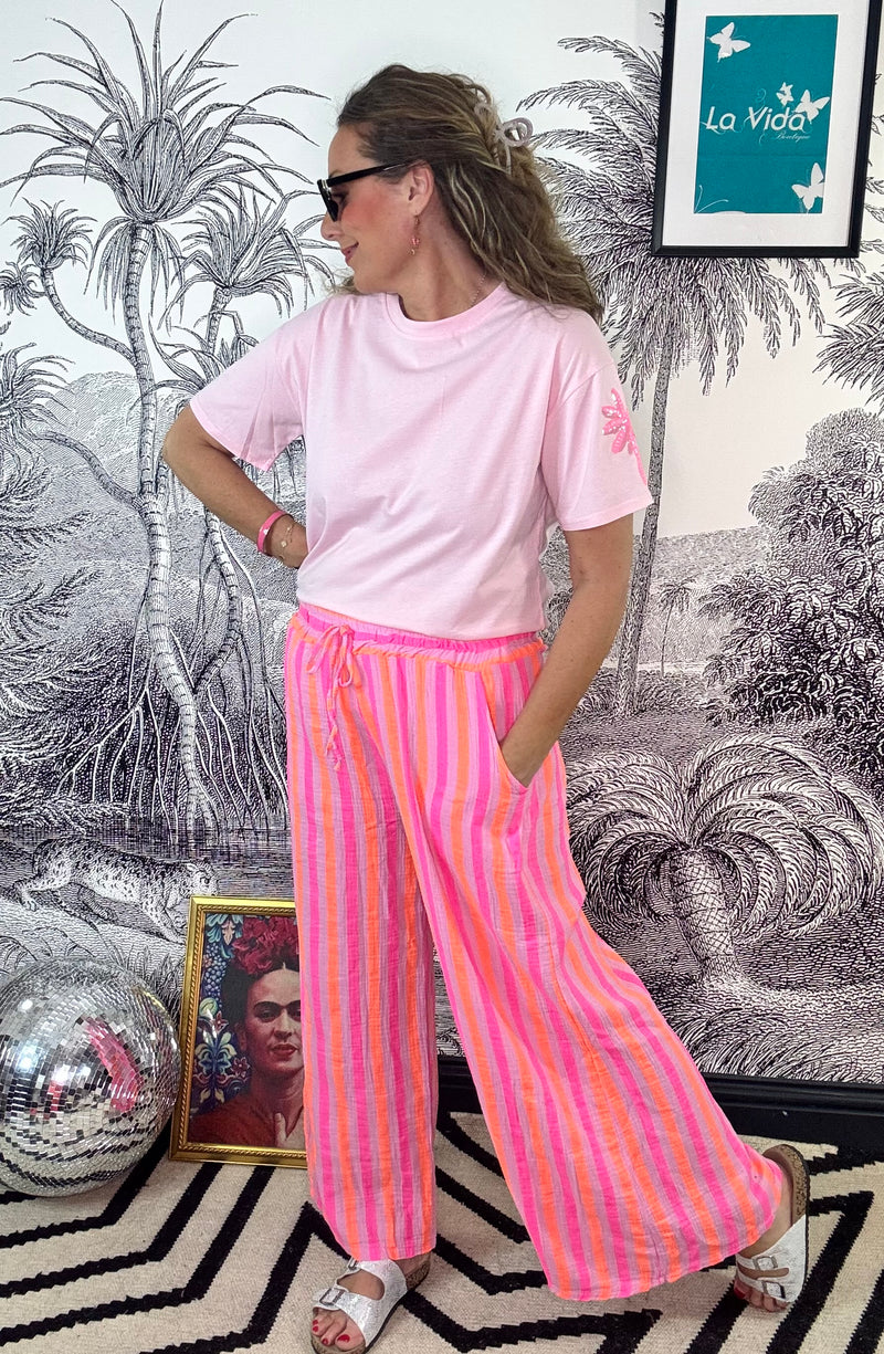 Marbella Cheesecloth Wide Leg Trouser Coral Pink Stripe