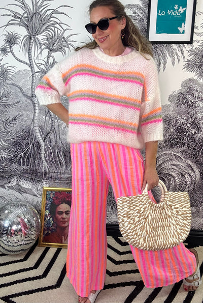 Marbella Cheesecloth Wide Leg Trouser Coral Pink Stripe