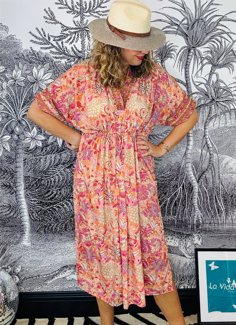Luna Kaftan Tie Dress in Pacifique Orange