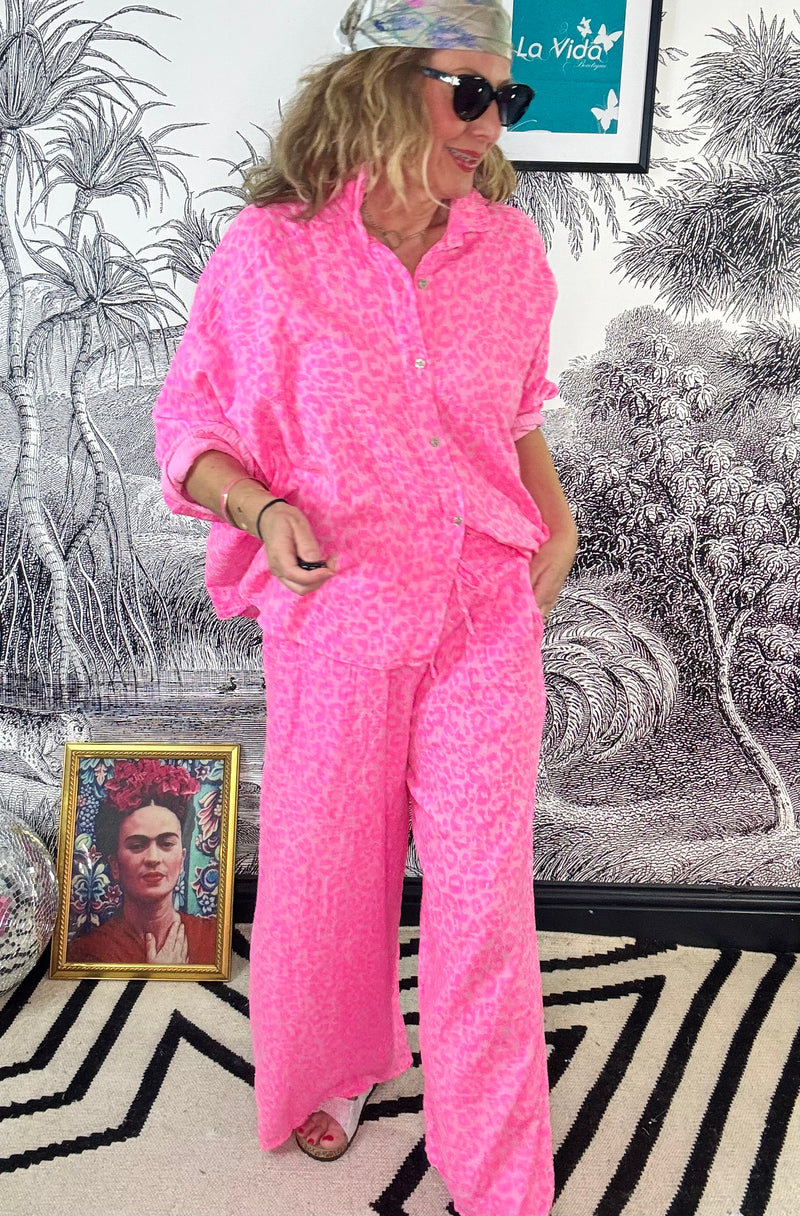 Marbella Cheesecloth Wide Leg Trouser in Neon Leopard