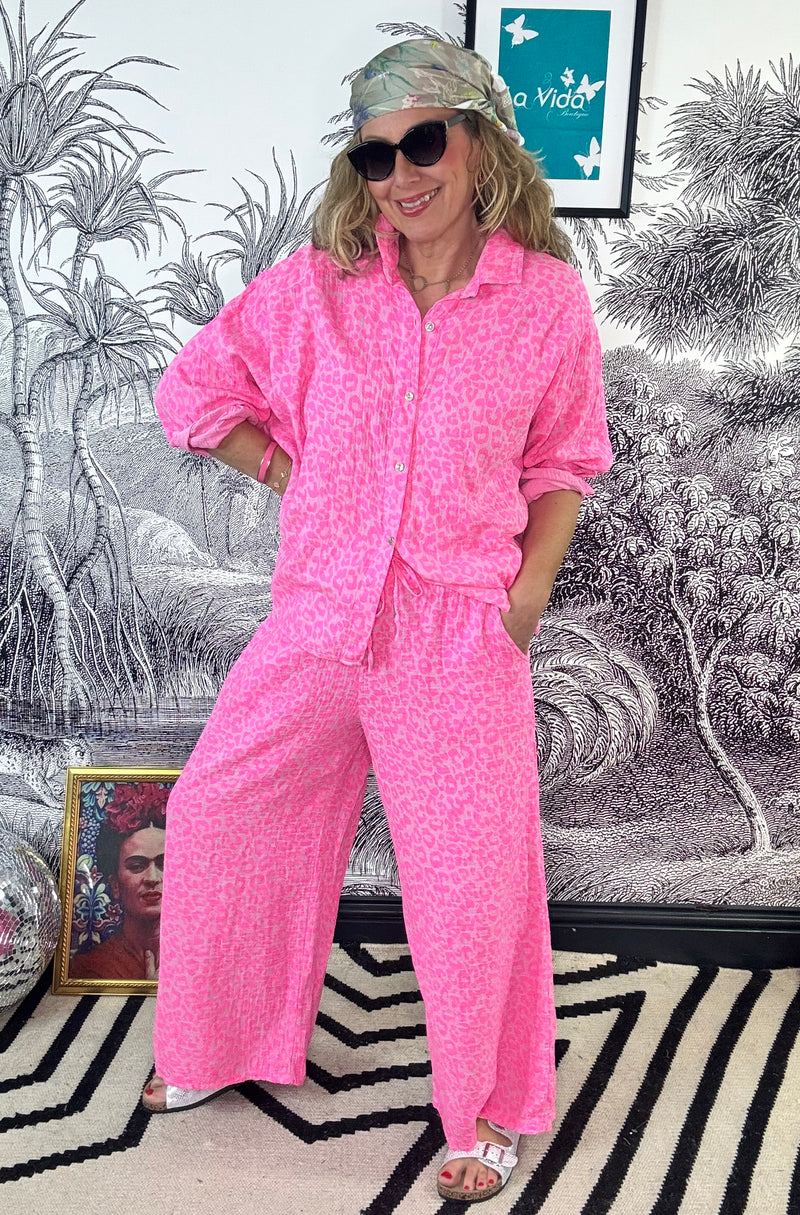 Marbella Cheesecloth Wide Leg Trouser in Neon Leopard
