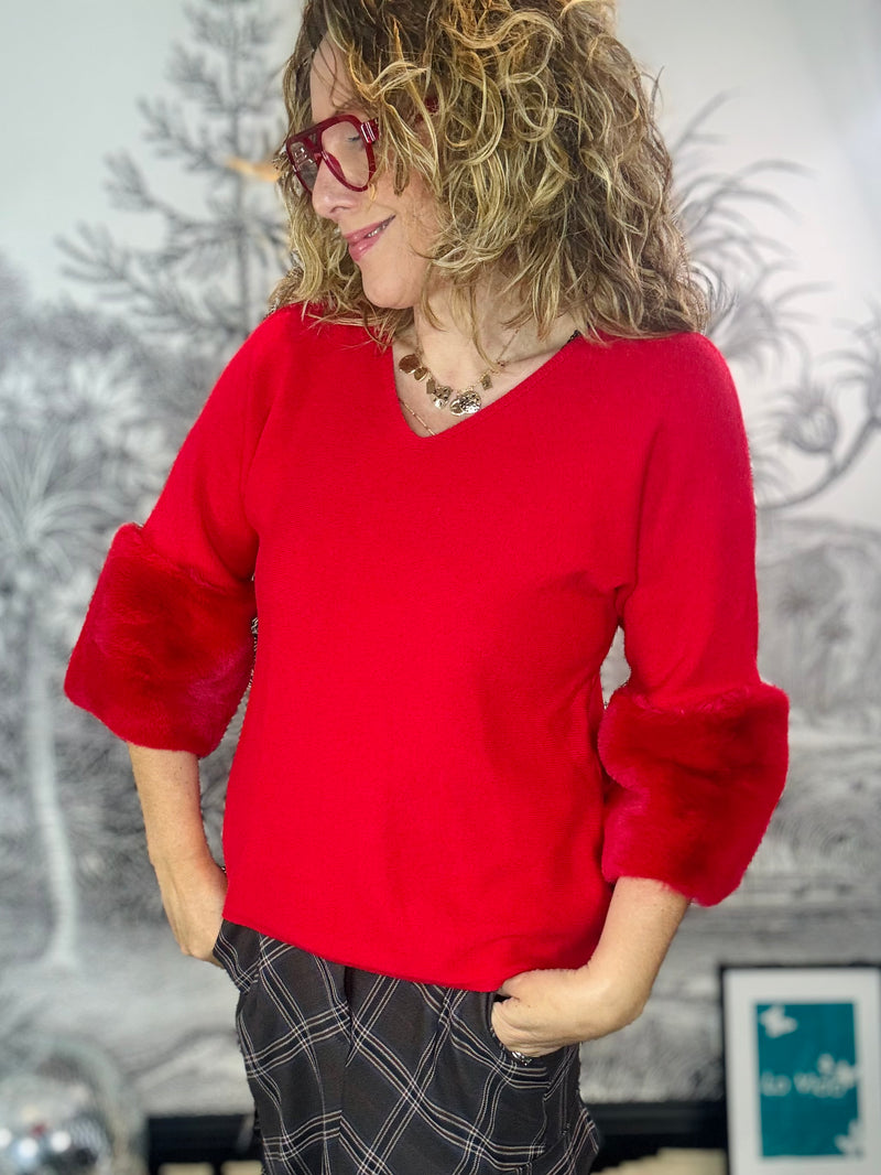 Odell V-Neck Jumper with Faux Fur Trim