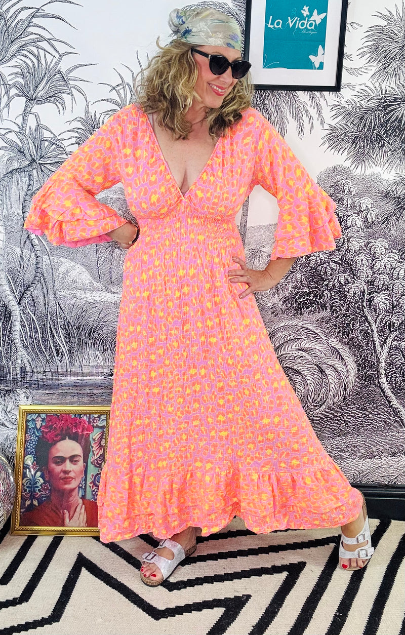 Tracey Frill Sleeve Maxi Dress in Orange Neon Leopard