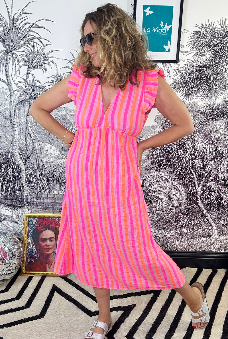 Zante Frill Shoulder Midi Dress in Coral Stripe