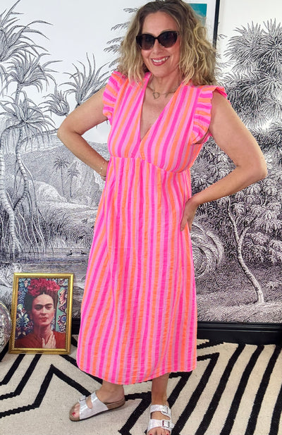 Zante Frill Shoulder Midi Dress in Coral Stripe