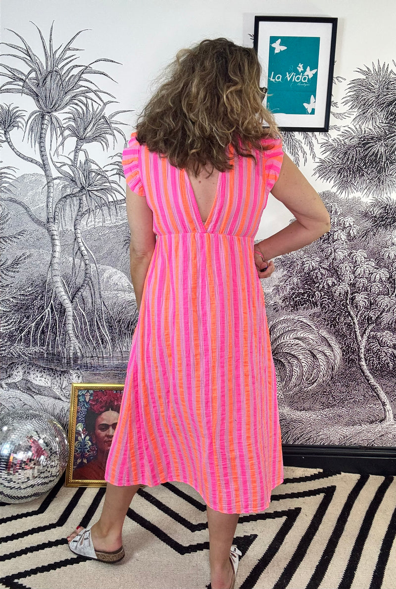 Zante Frill Shoulder Midi Dress in Coral Stripe
