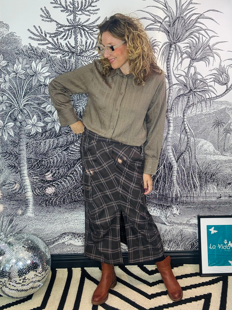 Harper Tartan Midi Skirt with Pockets & Ruching