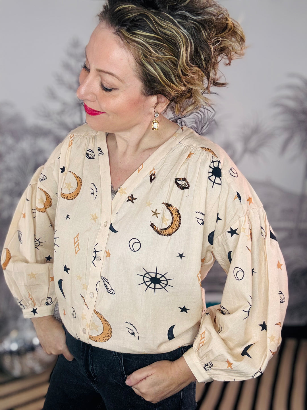 Astro Star &amp; Moon Psychedelic Cotton Blouse
