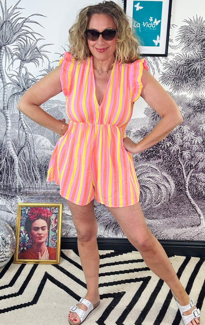 Cabrera Frill Shoulder Playsuit in Yellow Stripe