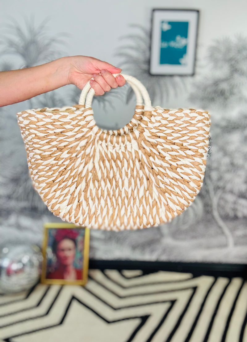 Circle Handle Woven Tote Bag