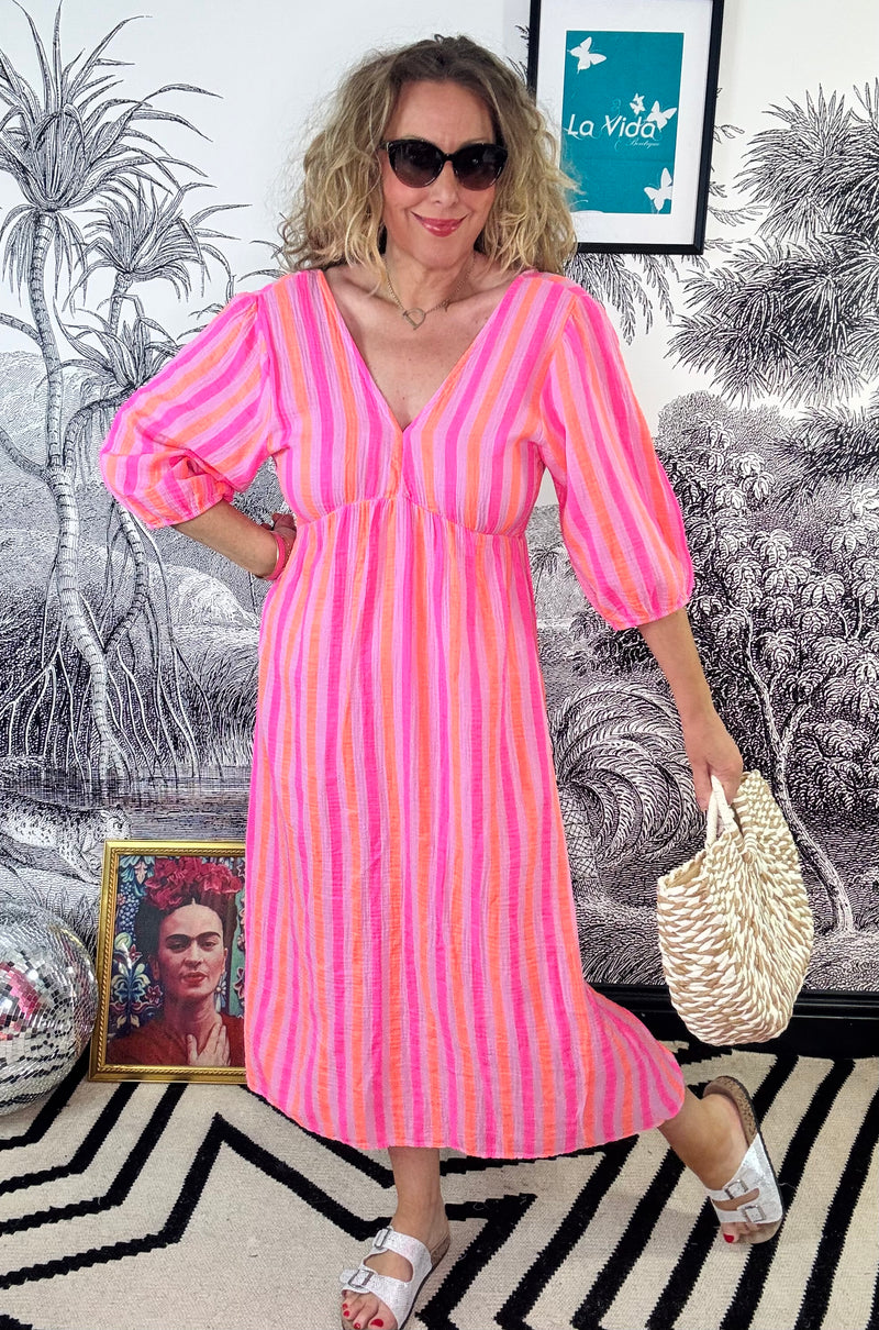 Tangier Pink/Orange Neon Stripe Dress