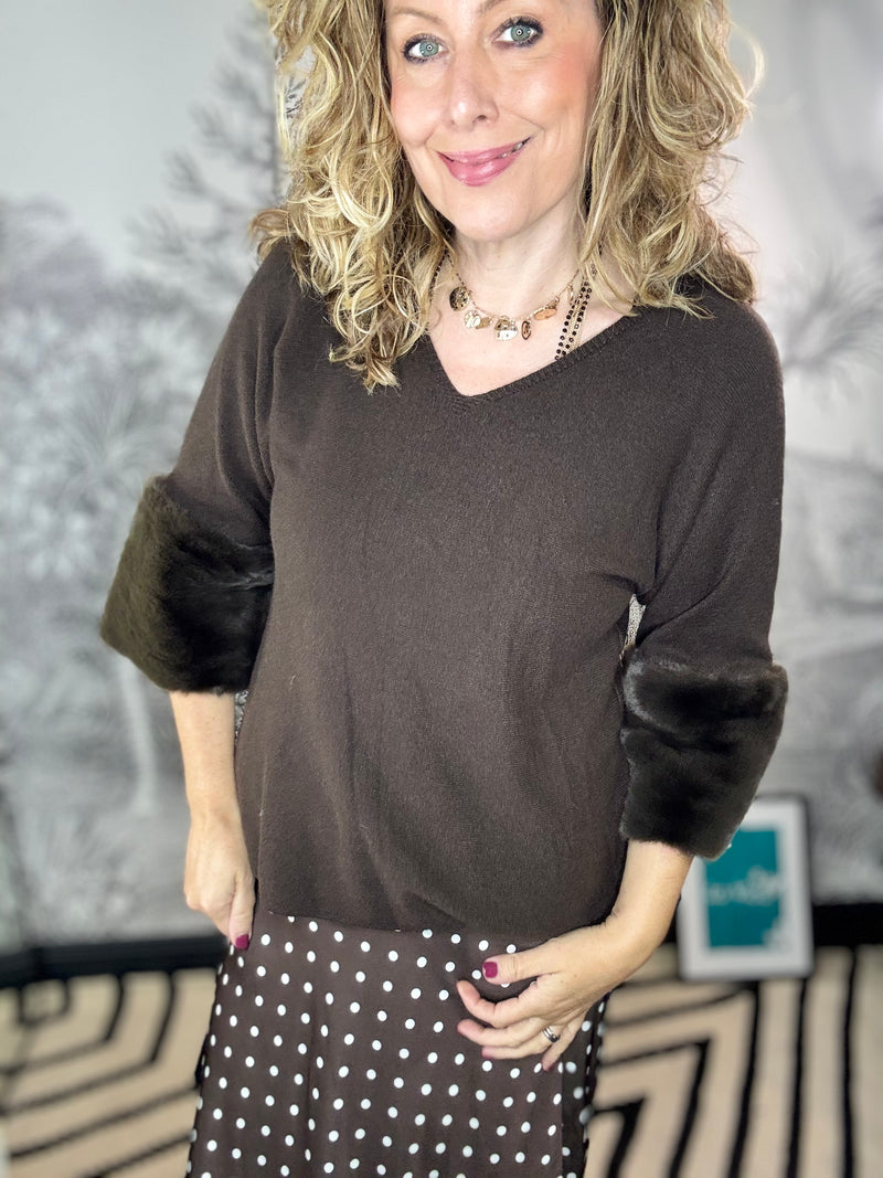 Odell V-Neck Jumper with Faux Fur Trim