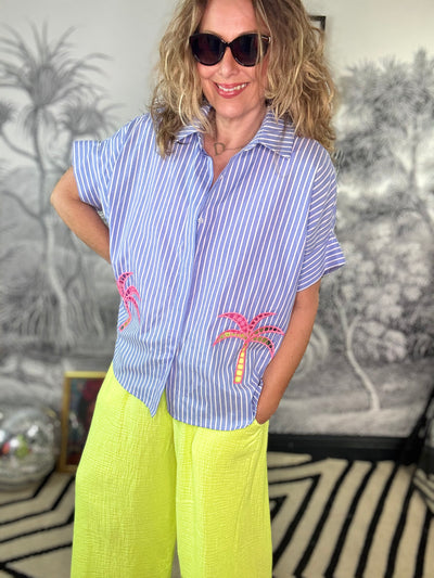 Demi Broderie Palm Striped Cap Sleeve Shirt