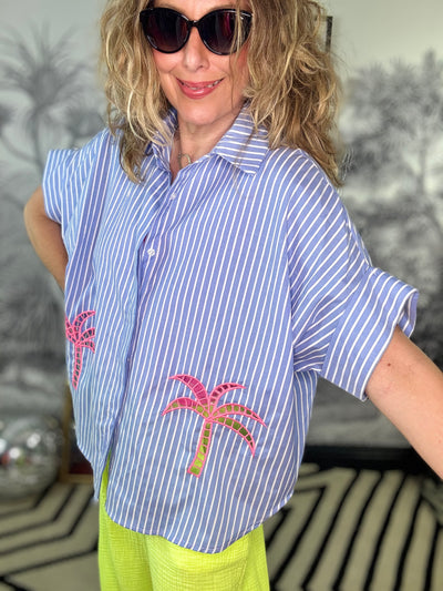Demi Broderie Palm Striped Cap Sleeve Shirt