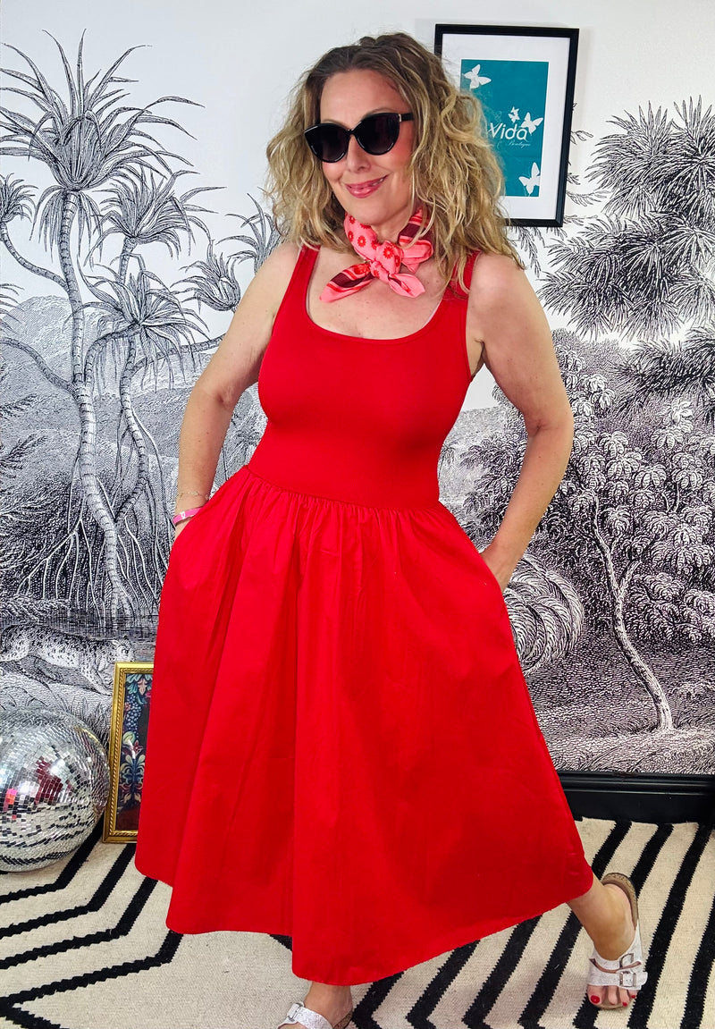Carrie Rib Mix Midi Dress in Red