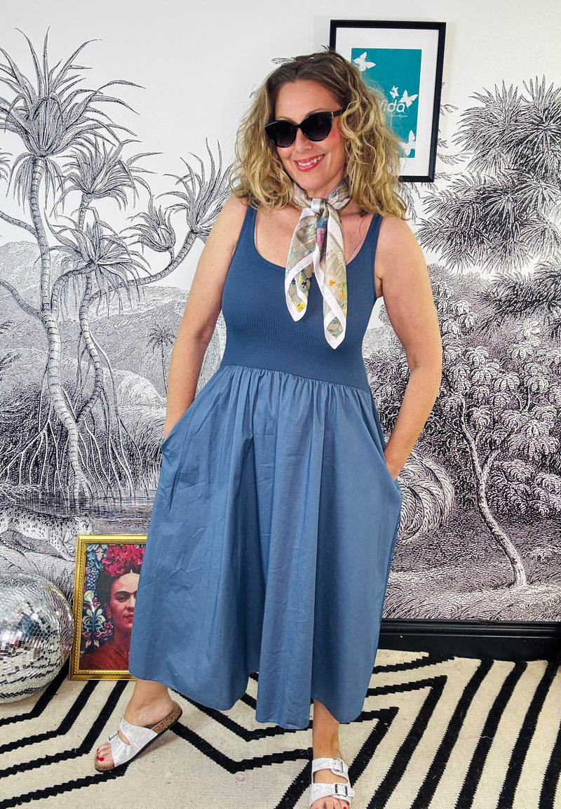 Carrie Rib Mix Midi Dress in Denim Blue