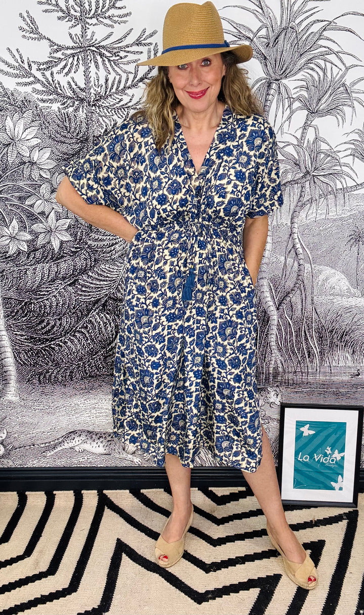 Luna Kaftan Tie Dress in Limited Edition Royal Blue Print