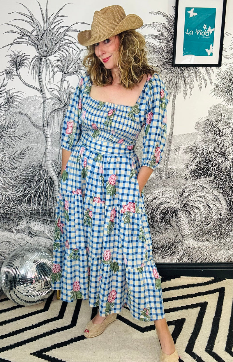 Honour Shirred Midi Dress in Gingham Flower Blue