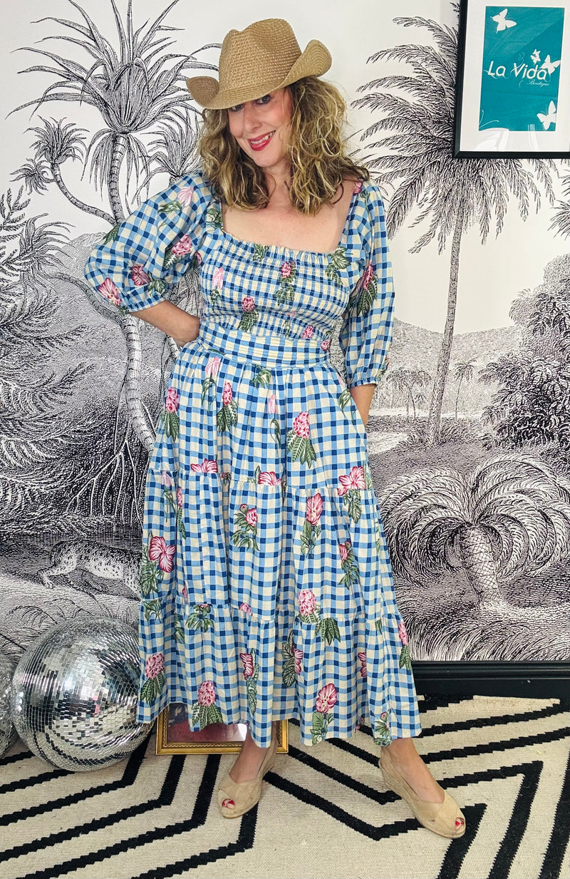 Honour Shirred Midi Dress in Gingham Flower Blue