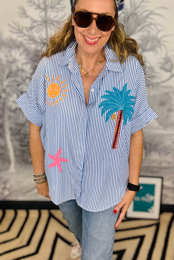 Palmera Embroidered Stripe Shirt With Palm Tree &amp; Sun