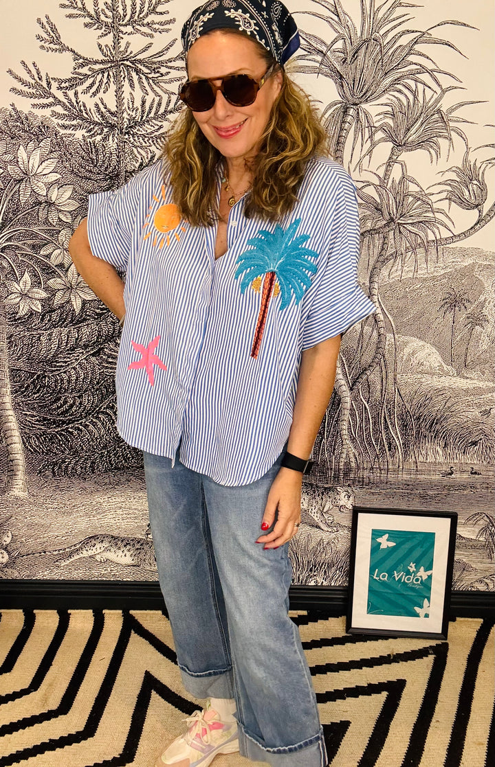 Palmera Embroidered Stripe Shirt With Palm Tree &amp; Sun