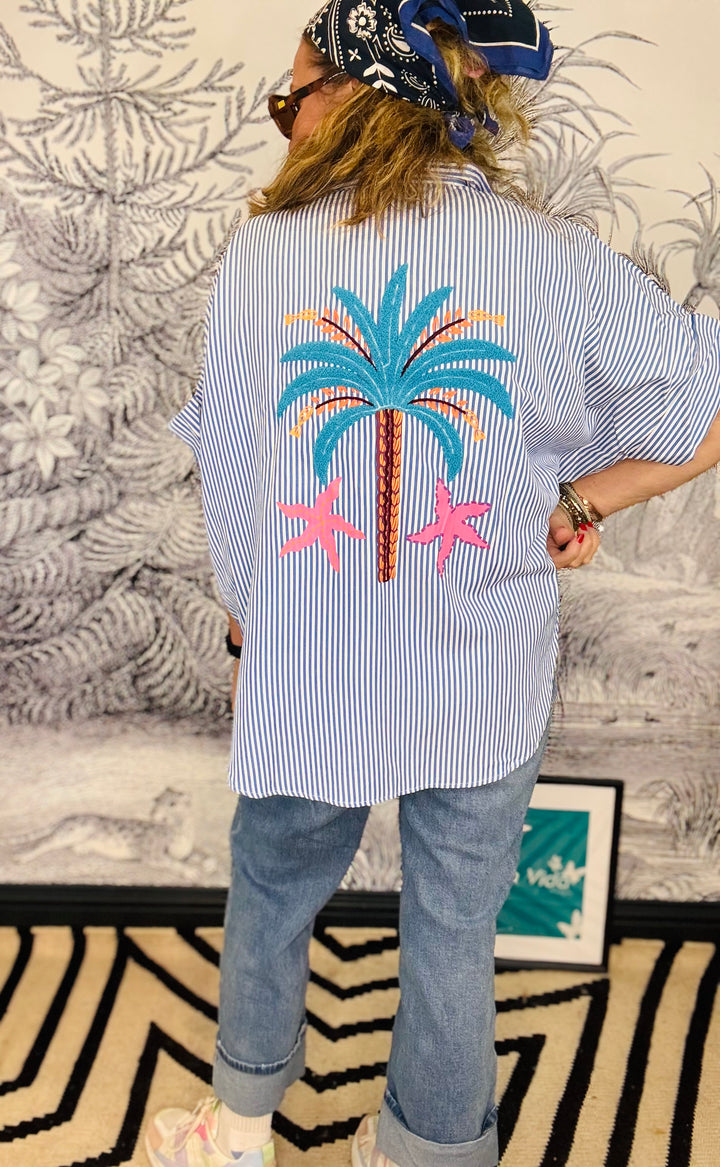 Palmera Embroidered Stripe Shirt With Palm Tree &amp; Sun